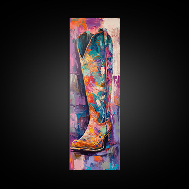 Colorful Cowboy Boot Oil Painting Framed Canvas Print, Whimsical Art, Rustic Wall Art, Extra Wide Art, Southwest Wall Art