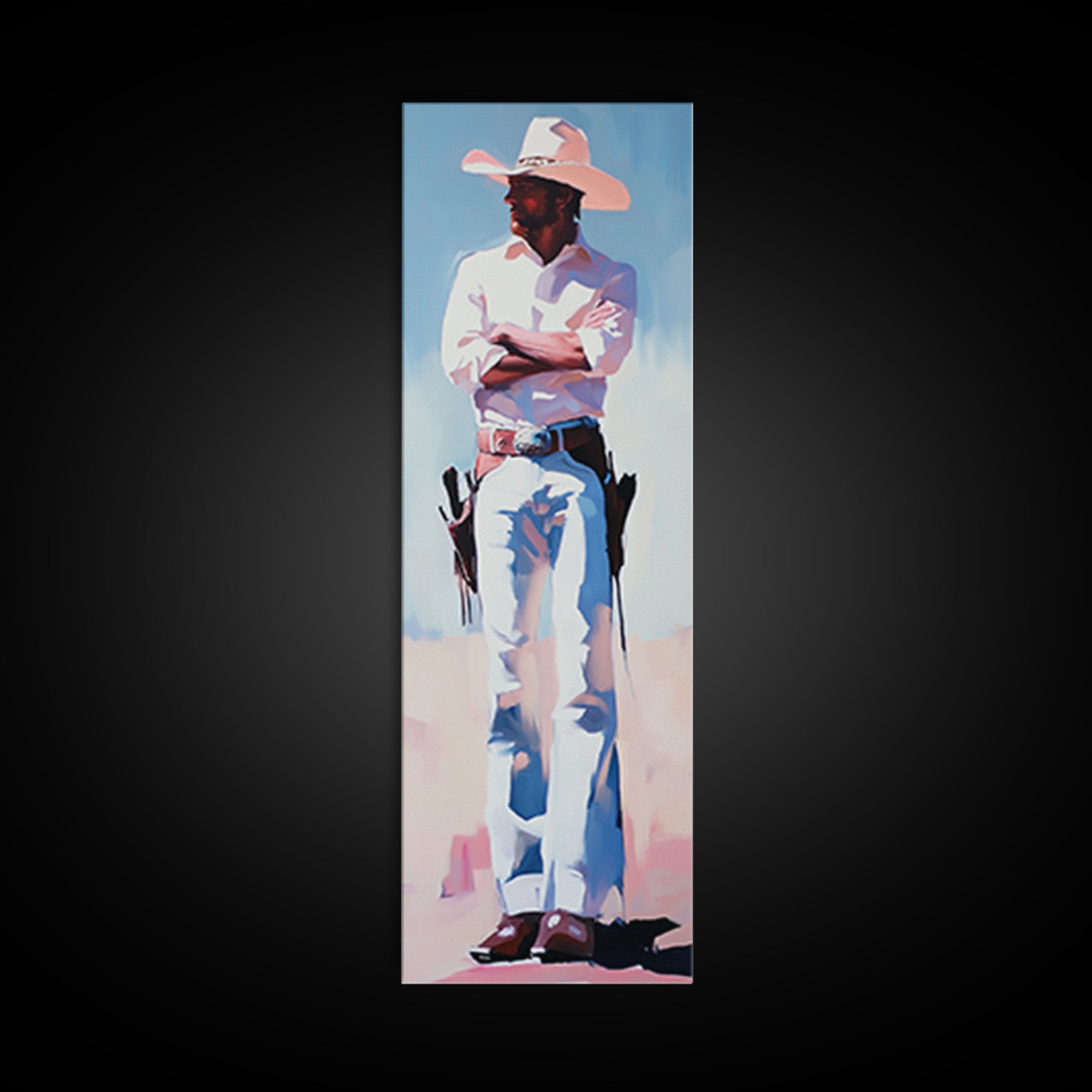 Western Cowboy in White Framed Canvas Print, Rustic Wall Art, Moody Art, Southwest Wall Art, Vintage Horse Art, Extra Wide Art