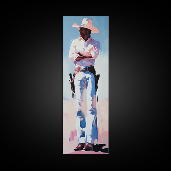 Western Cowboy in White Framed Canvas Print, Rustic Wall Art, Moody Art, Southwest Wall Art, Vintage Horse Art, Extra Wide Art