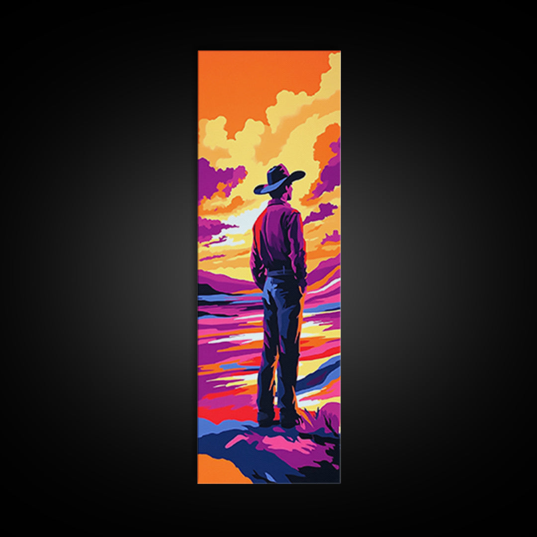 Colorful Sunset Cowboy Art Framed Canvas Print, Southwest Wall Art, Moody Art, Whimsical Art, Pink Orange Wall Art, Tall Narrow Art