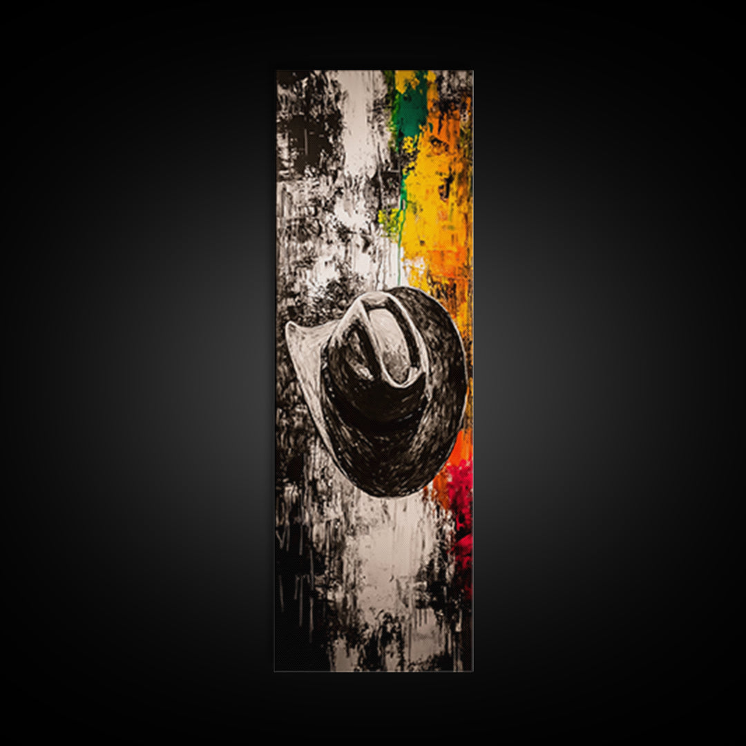 Black and White Cowboy Hat Framed Canvas Print, Moody Art, Southwest Wall Art, Rustic Wall Art, Wabi Sabi Art, Extra Wide Art