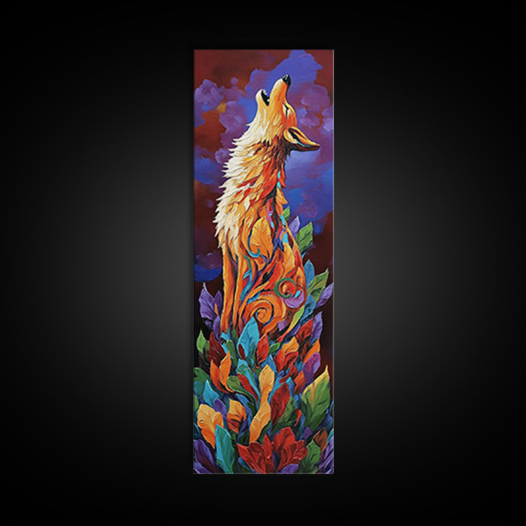 Colorful Howling Wolf Canvas Print rustic decor, long narrow wall art, wildlife painting, tall skinny art, moody art, animal wall art, whimsical art, southwest wall art, Joshua tree art