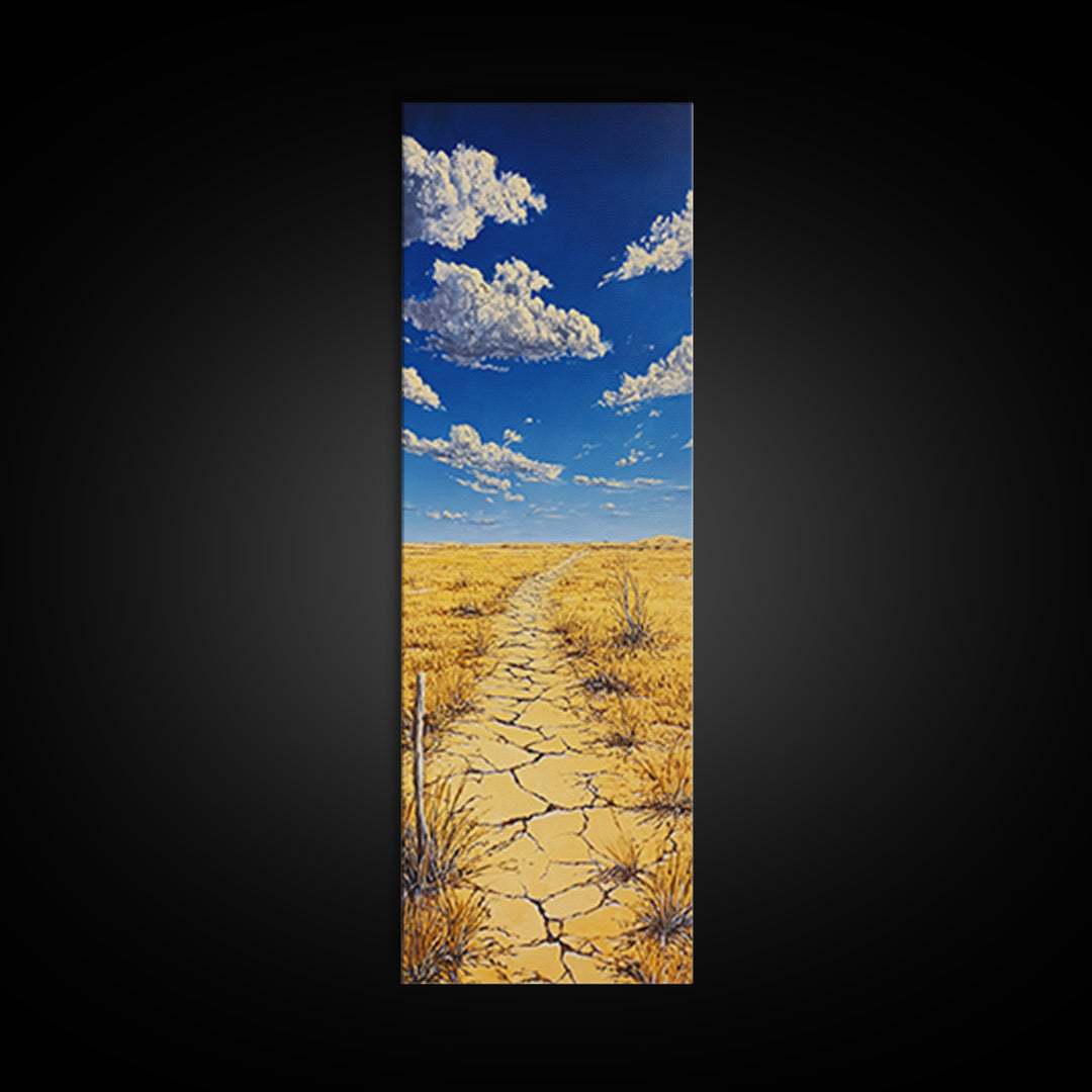 Golden Prairie Trail Framed Canvas Print rustic wall art, southwest wall art, landscape painting, farmhouse art, extra wide art, panoramic painting, above sofa art, wabi sabi art, Joshua tree art