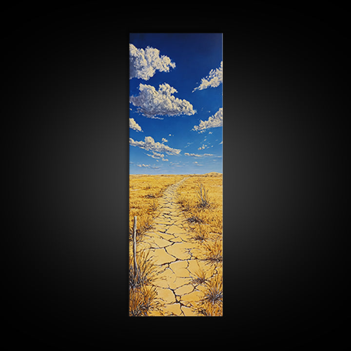Golden Prairie Trail Framed Canvas Print rustic wall art, southwest wall art, landscape painting, farmhouse art, extra wide art, panoramic painting, above sofa art, wabi sabi art, Joshua tree art