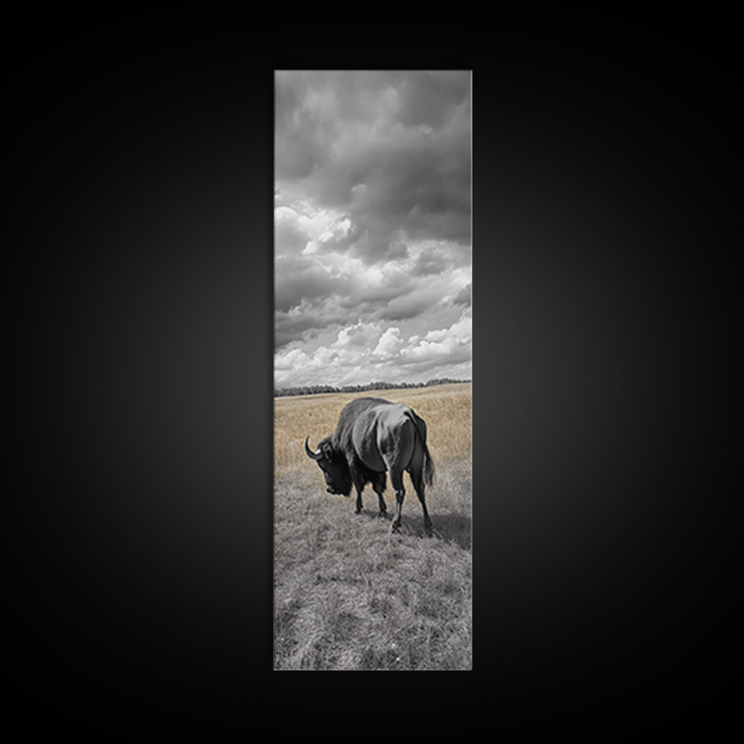 Lone Bison in Field Framed Canvas Print | Rustic Wall Art | Moody Art | Wildlife Painting | Farmhouse Decor | Southwest Wall Art | Gift Idea