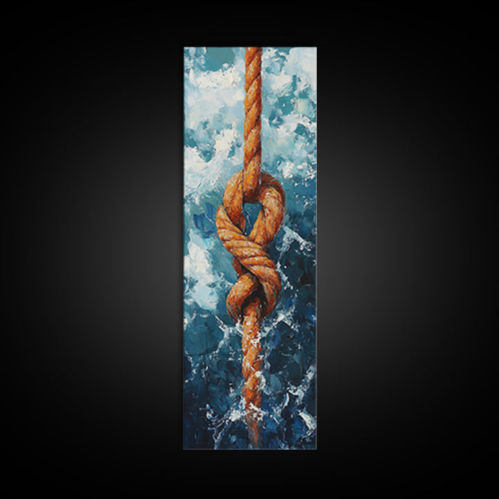 Nautical Rope Knot Painting Framed Canvas Print, Coastal Wall Art, Nautical Decor, Maritime Wall Art, Surf Wall Art, Ocean Art, Extra Wide Art, Rustic Wall Art, Moody Art, Above Couch Art, Gift Idea, Original Painting, Panoramic Art