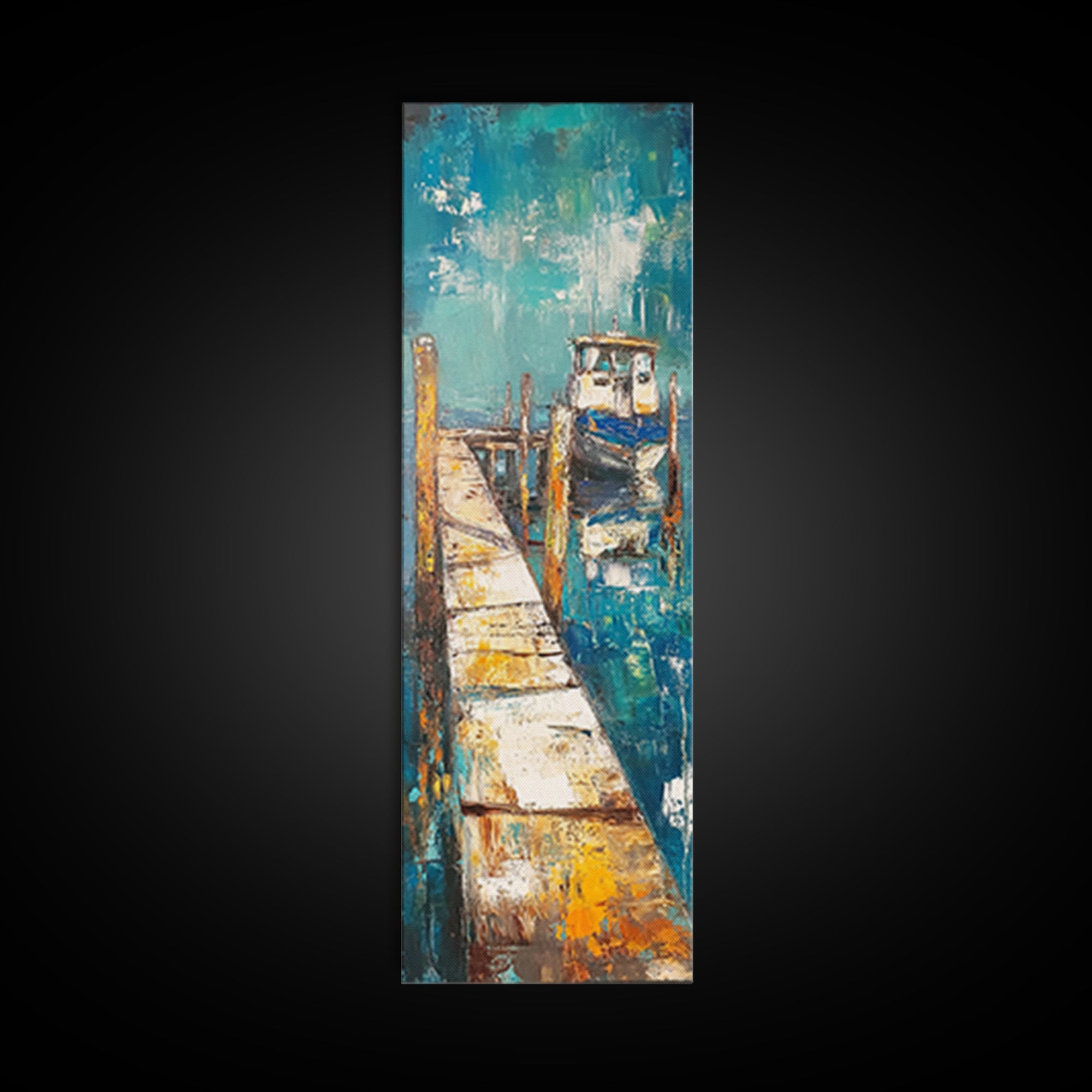 Coastal Dock Painting Canvas Print, Nautical Wall Art, Painting Morro Bay, Coastal Decor, Seascape Painting, Ocean Art, Rustic Art, Extra Wide Art, Farmhouse Art, Nautical Painting, Blue And Green Wall Art, Gift Idea, Bedroom Art