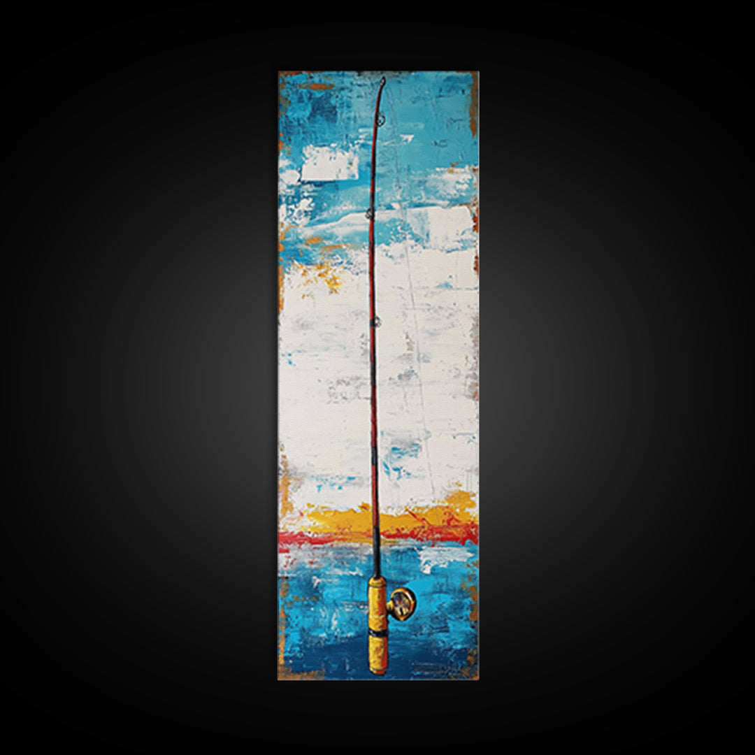 Fishing Rod Painting Canvas Print, Fly Fishing Art, Nautical Wall Art, Rustic Decor, Tall Narrow Art, Coastal Landscape Art, Above Couch Art, Fishing Wall Art, Nautical Decor, Farmhouse Art, Skinny Wall Art, Living Room Art, Gift Idea