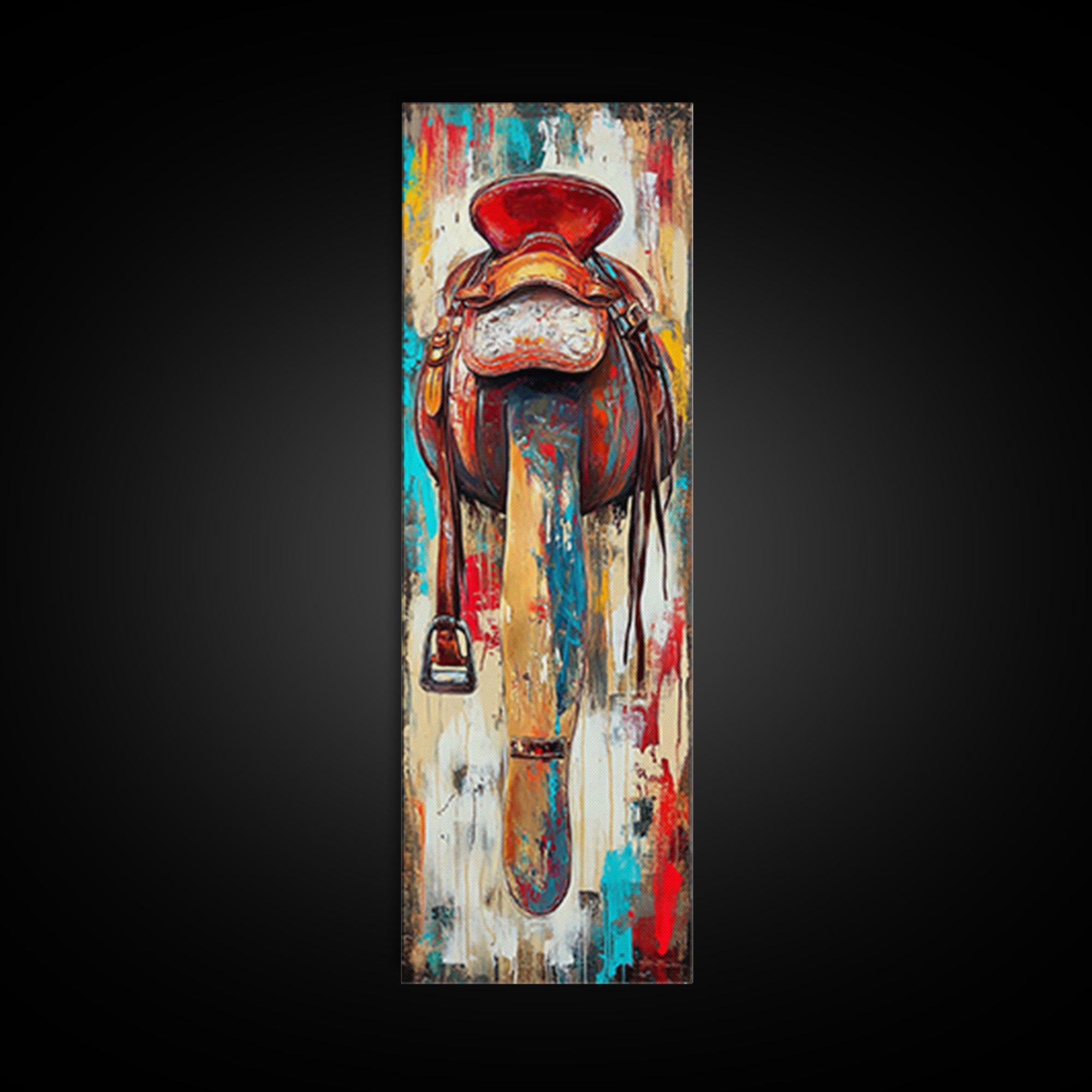 Rustic Saddle Painting Canvas Print Farmhouse Wall Art Moody Art Rustic Decor Southwest Wall Art Tall Narrow Art