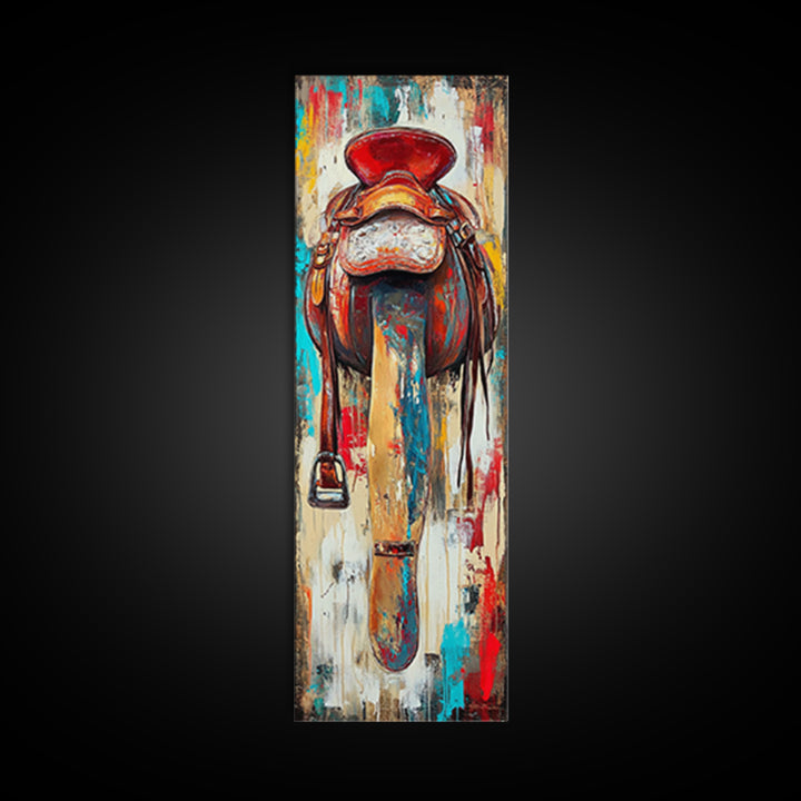 Rustic Saddle Painting Canvas Print Farmhouse Wall Art Moody Art Rustic Decor Southwest Wall Art Tall Narrow Art