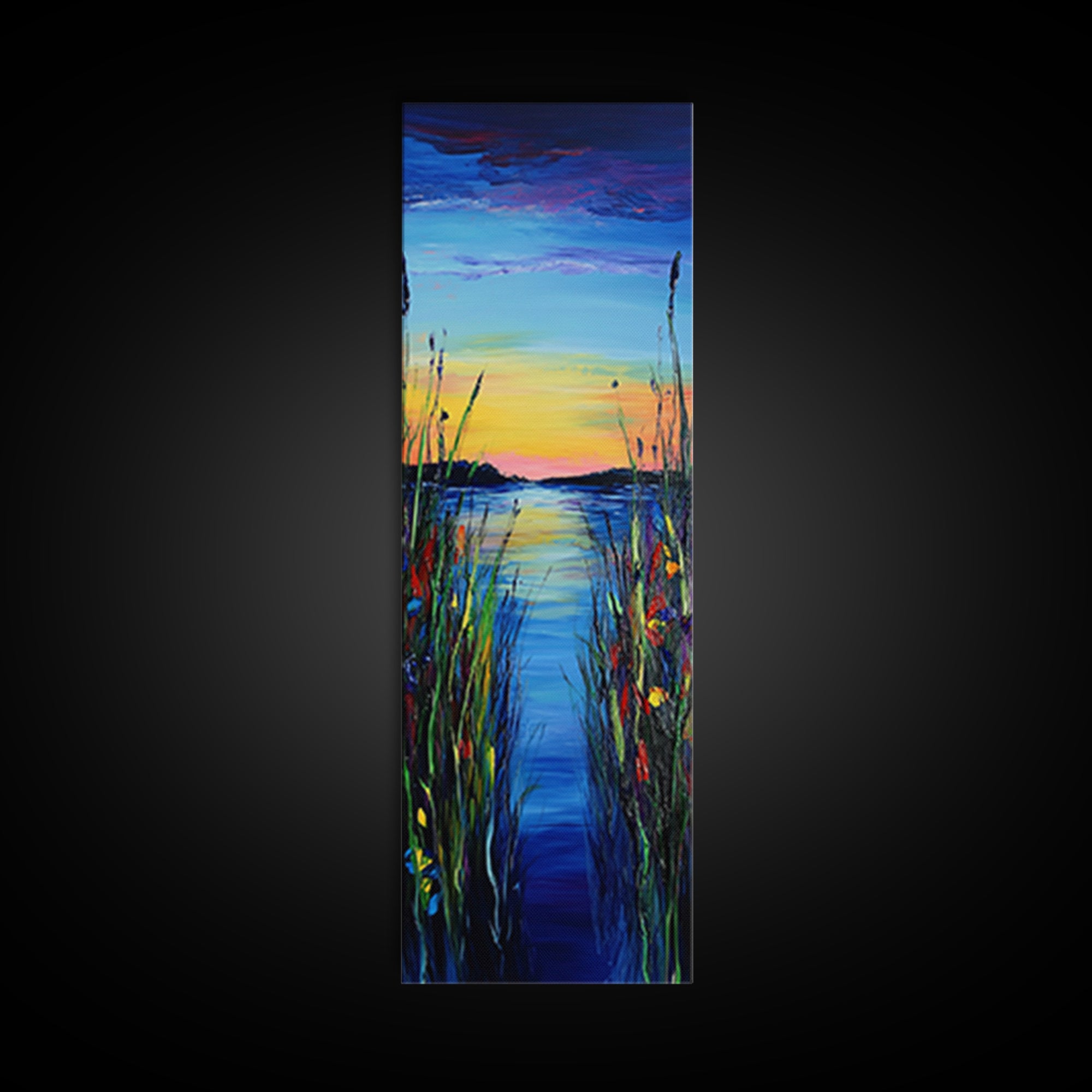 Vibrant Lake Reflection Framed Canvas Print lake Tahoe art landscape painting sunset over water coastal decor extra wide wall art