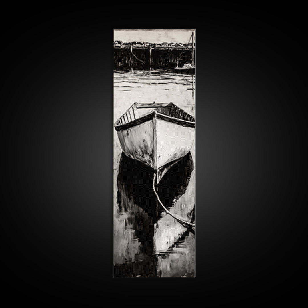 Monochrome Boat Reflection Framed Canvas Print nautical painting moody art coastal wall art nautical wall art gift idea for him