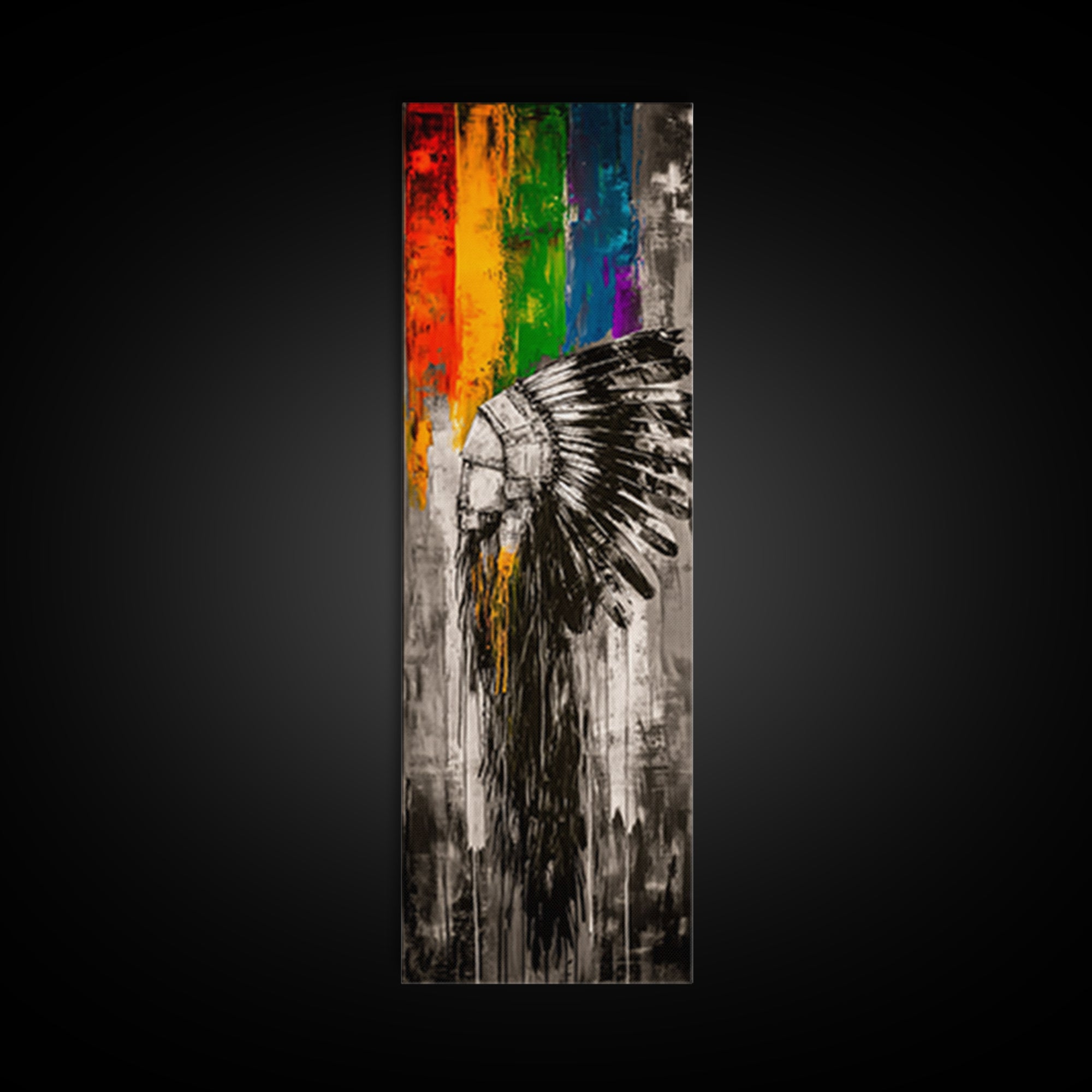 Black and White Headdress Canvas Print Moody Art African Art Dark Angels Wall Art Colorful Graffiti Wall Art Tall Narrow Art