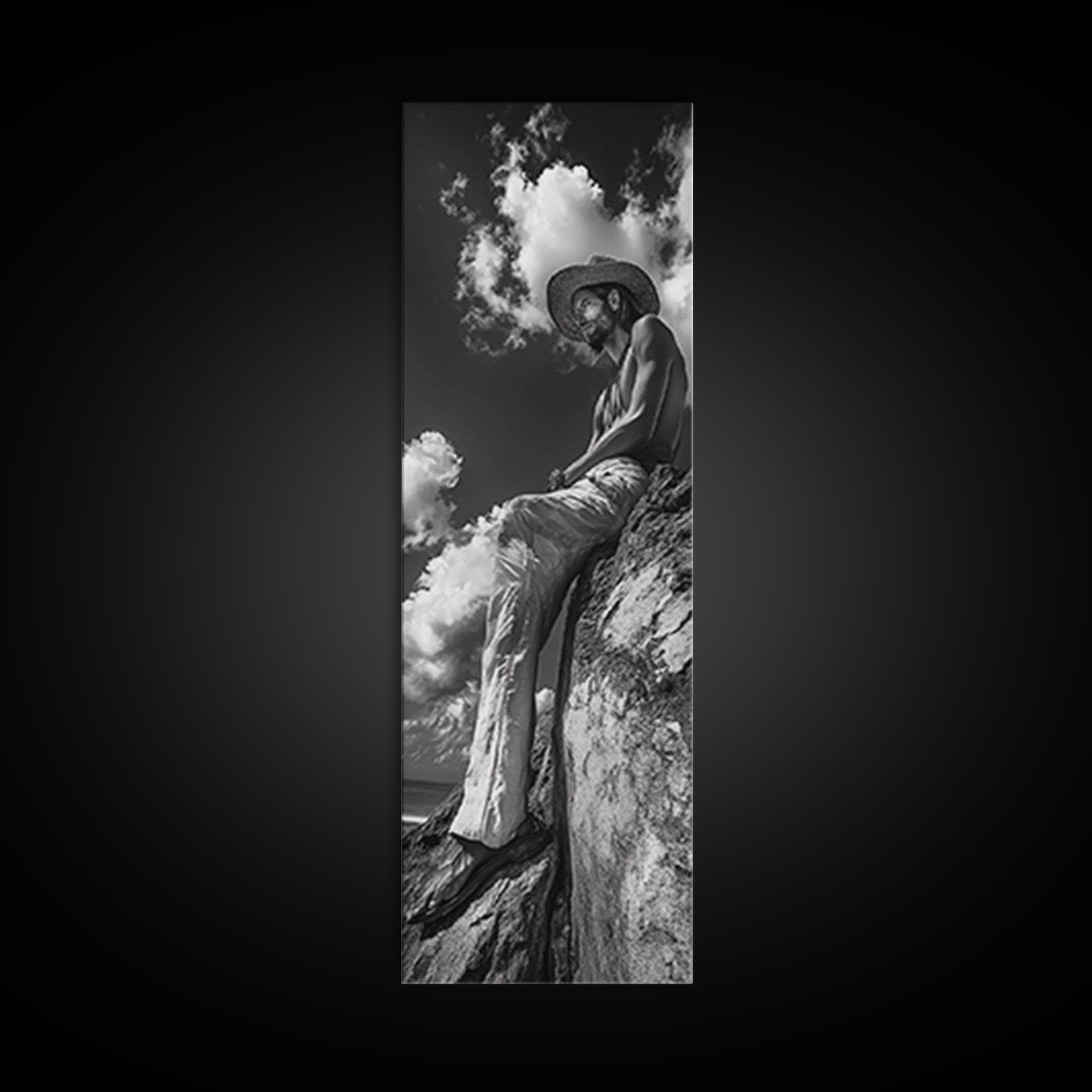 Bohemian Man, Clifftop Reflection, Framed Canvas Print, Coastal Cowgirl Wall Art, Rustic Décor, Boho Art, Minimalist Art