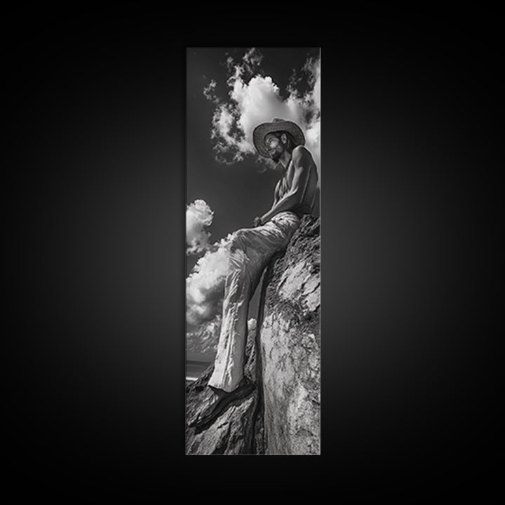 Bohemian Man, Clifftop Reflection, Framed Canvas Print, Coastal Cowgirl Wall Art, Rustic Décor, Boho Art, Minimalist Art