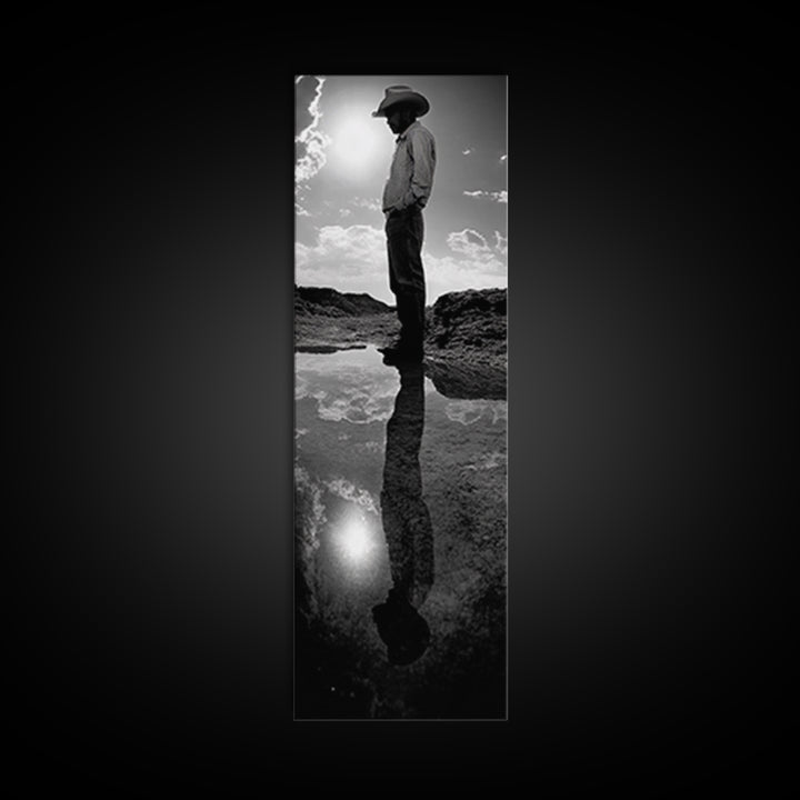 Lone Cowboy, Reflection Photography, Framed Canvas Print, Rustic Art, Moody Wall Art, Extra Wide Art, Southwest Wall Art