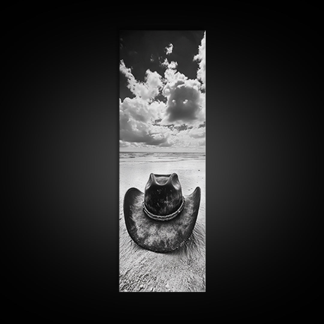 Weathered Cowboy Hat, Coastal Cowgirl Wall Art, Framed Canvas Print, Rustic Décor, Boho Art, Minimalist Art, Nautical Wall Art