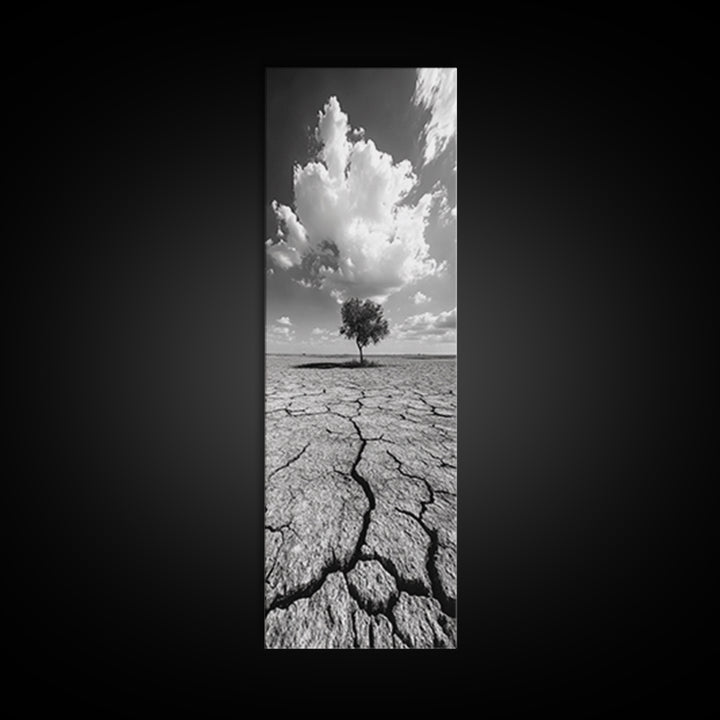 Lone Tree, Cracked Earth, Framed Canvas Print, wabi sabi art, moody art, landscape painting, above bed wall art,minimalist art, extra wide art