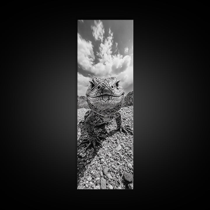 Lizard Close-Up, Framed Canvas Print, wildlife photography, rustic wall art, southwest wall art, desert animal art, black and white home decor
