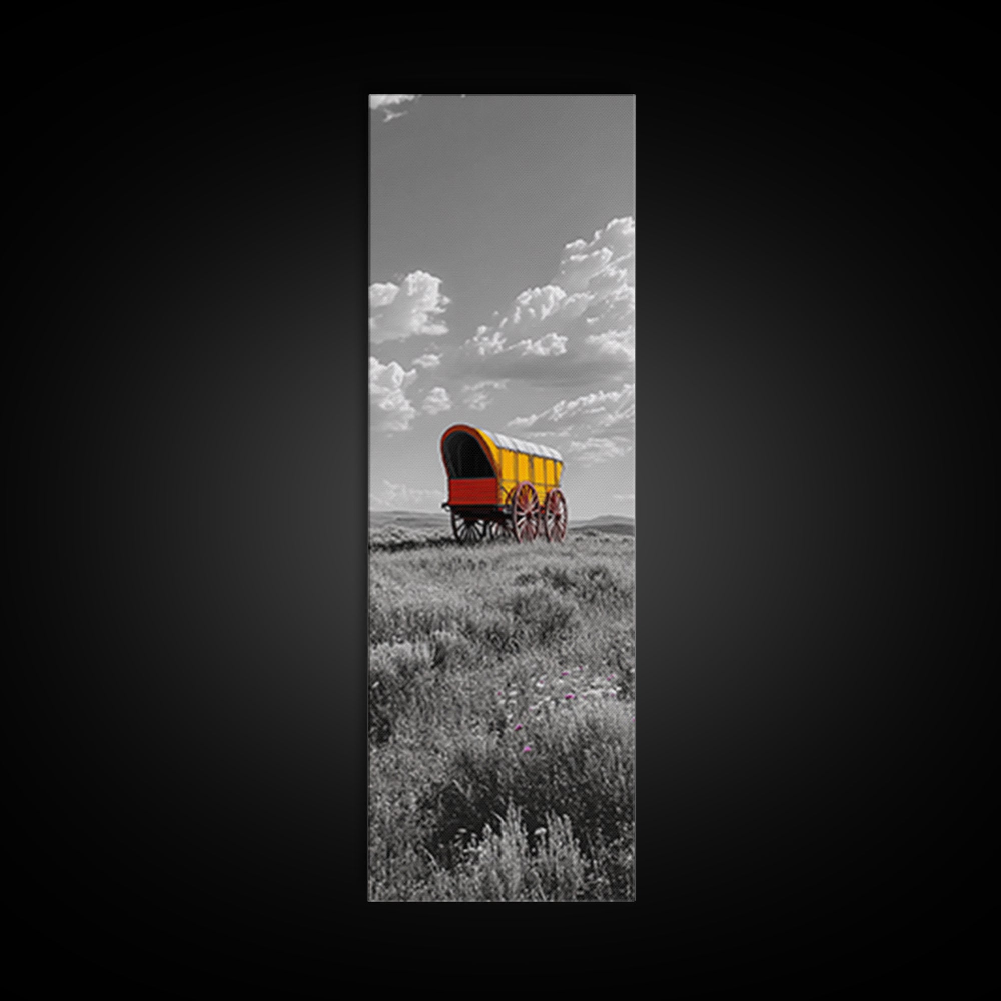 Nostalgic Wagon Trail Framed Canvas Print | Western Decor | Rustic Wall Art | Moody Landscape Art | Farmhouse Painting | Gift Idea | Panoramic Art