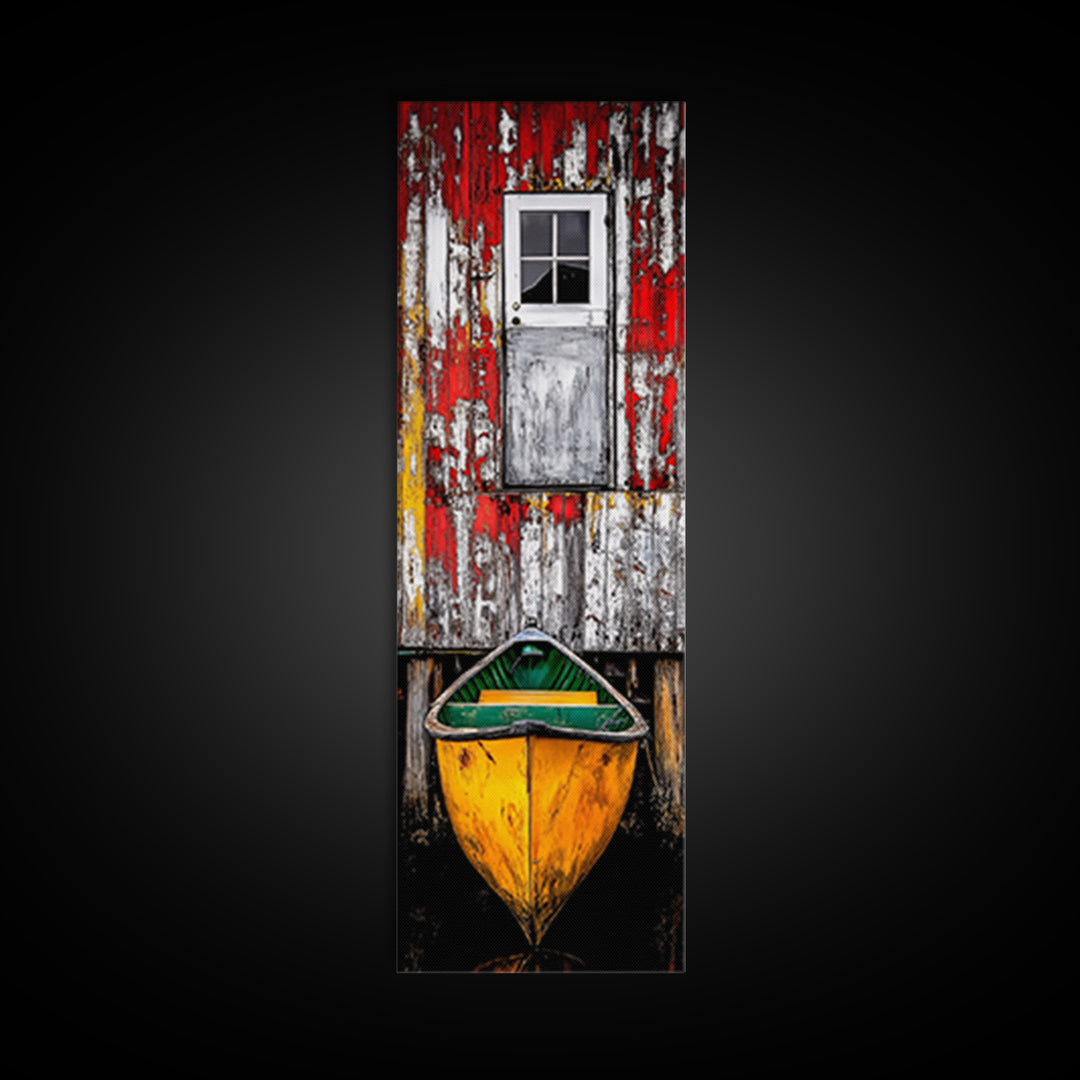 Rustic Barn Boat Reflection Painting Framed Canvas Print | Nautical Wall Art | Rustic Decor | Coastal Painting | Maine Oil Painting