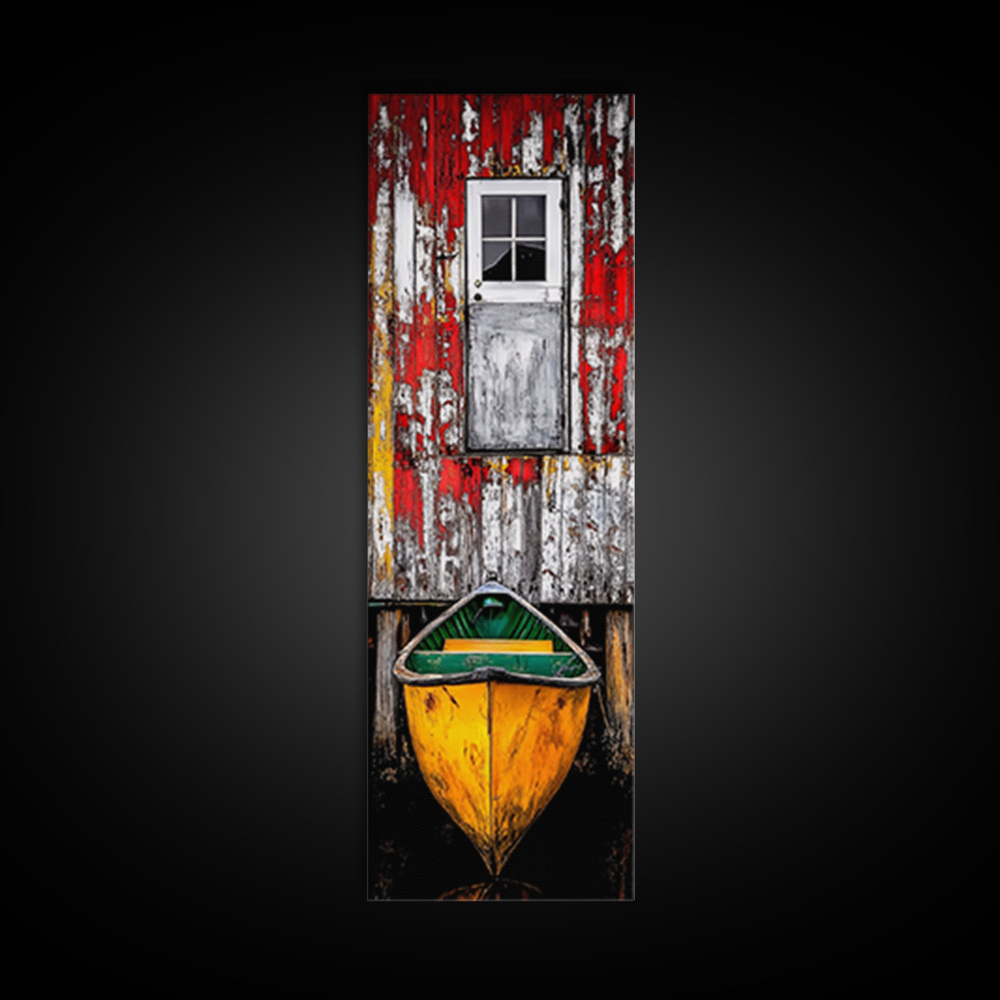 Rustic Barn Boat Reflection Painting Framed Canvas Print | Nautical Wall Art | Rustic Decor | Coastal Painting | Maine Oil Painting