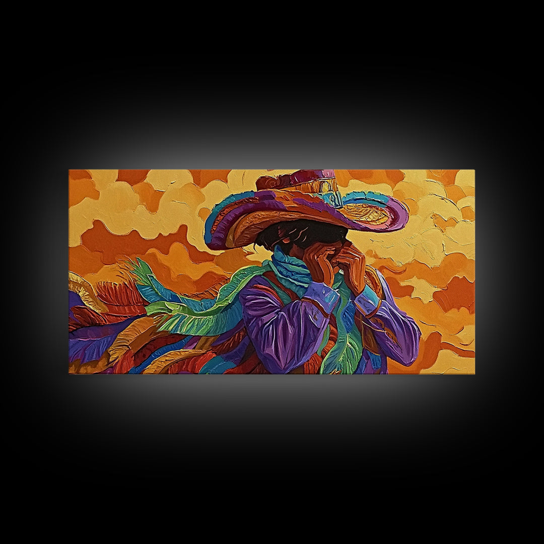 Bold Cowboy Portrait, western art, chicano art, rustic wall art, southwest wall art, moody art, colorful oil painting, canvas print