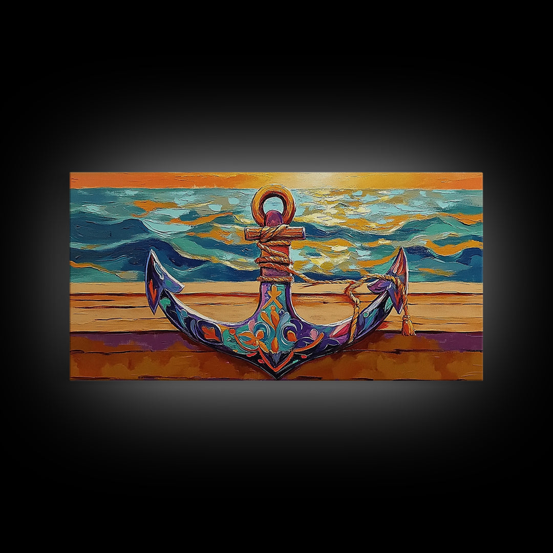 Anchor at Sunset, nautical painting, coastal decor, ocean art, framed canvas print, above sofa art, beach house decor, seascape