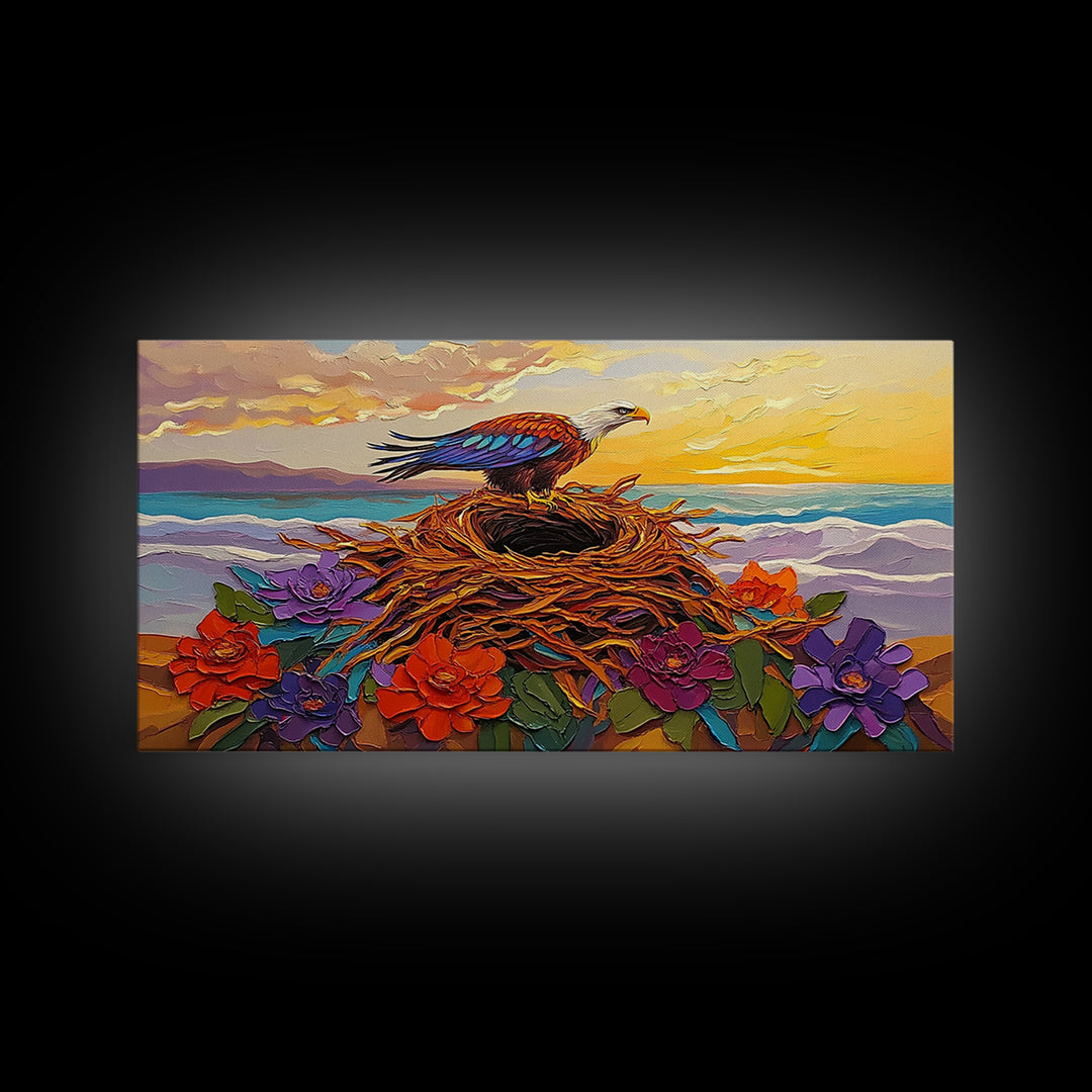 Bald Eagle Nest, bird art, mountain painting, moody art, southwest wall art, patriotic decor, nature art, Framed Canvas Print