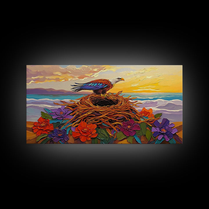 Bald Eagle Nest, bird art, mountain painting, moody art, southwest wall art, patriotic decor, nature art, Framed Canvas Print