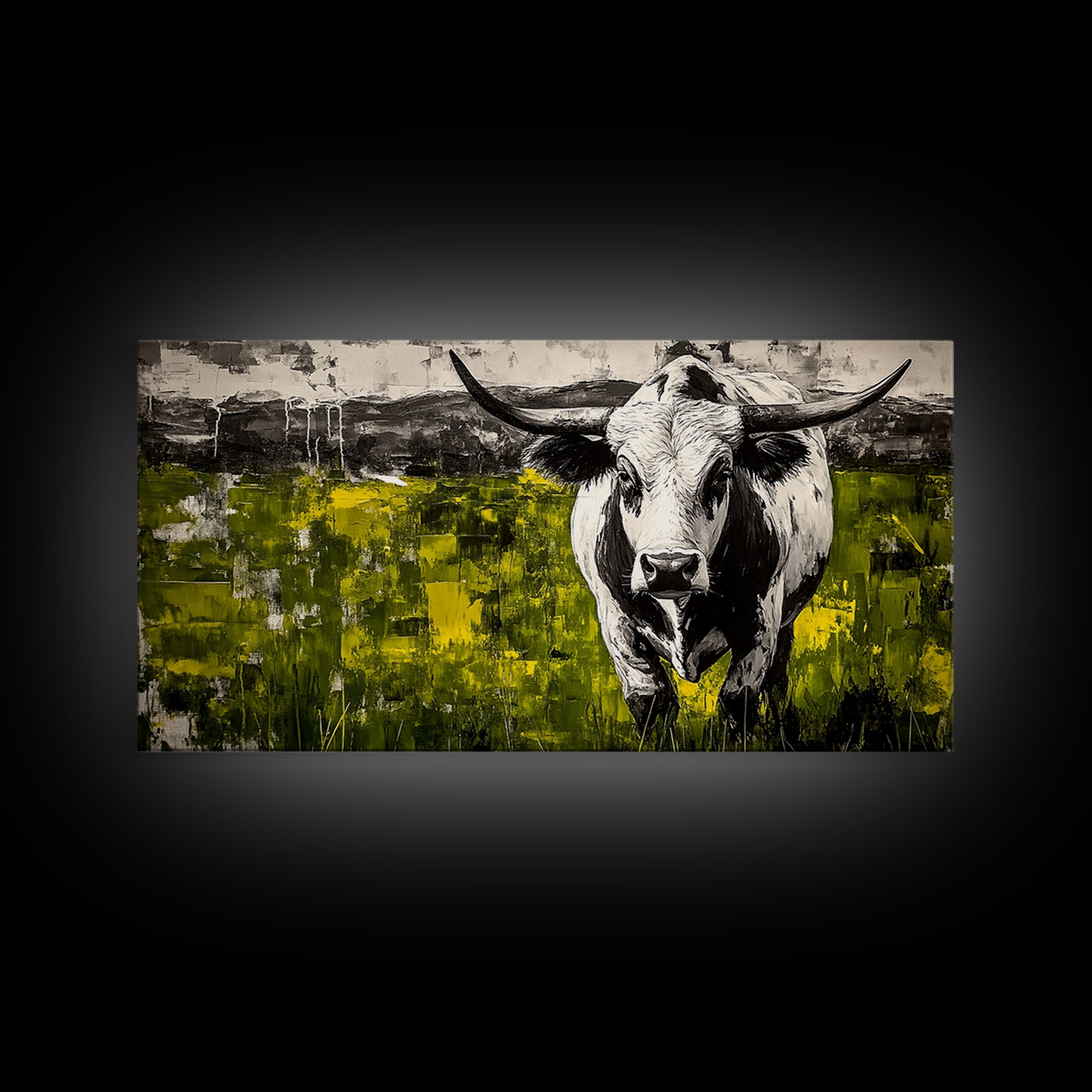 Bull Painting, rustic wall art, bull and bear art, farmhouse decor, green wall art, bold statement art, dramatic painting, Canvas Print