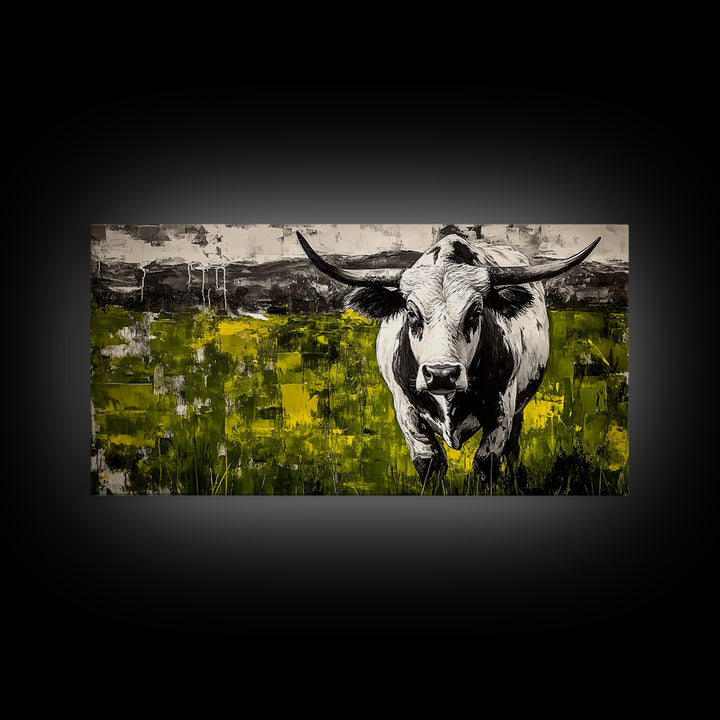 Bull Painting, rustic wall art, bull and bear art, farmhouse decor, green wall art, bold statement art, dramatic painting, Canvas Print