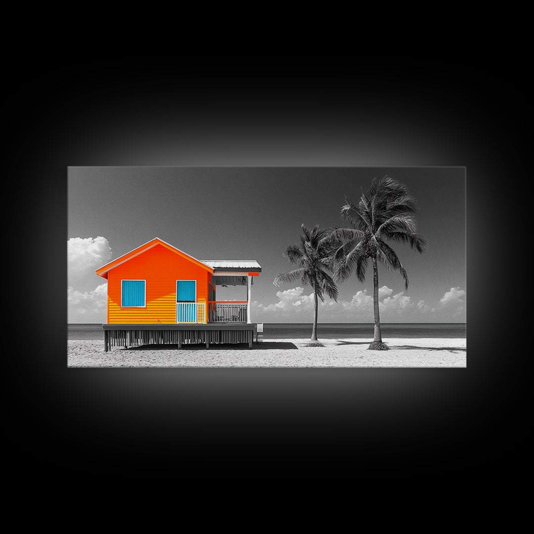 Bright Beach House Framed Canvas Print | Coastal Landscape Art | Nautical Wall Art | Coastal Decor | Extra Wide Art | Tropical Beach Art