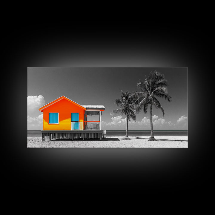 Bright Beach House Framed Canvas Print | Coastal Landscape Art | Nautical Wall Art | Coastal Decor | Extra Wide Art | Tropical Beach Art