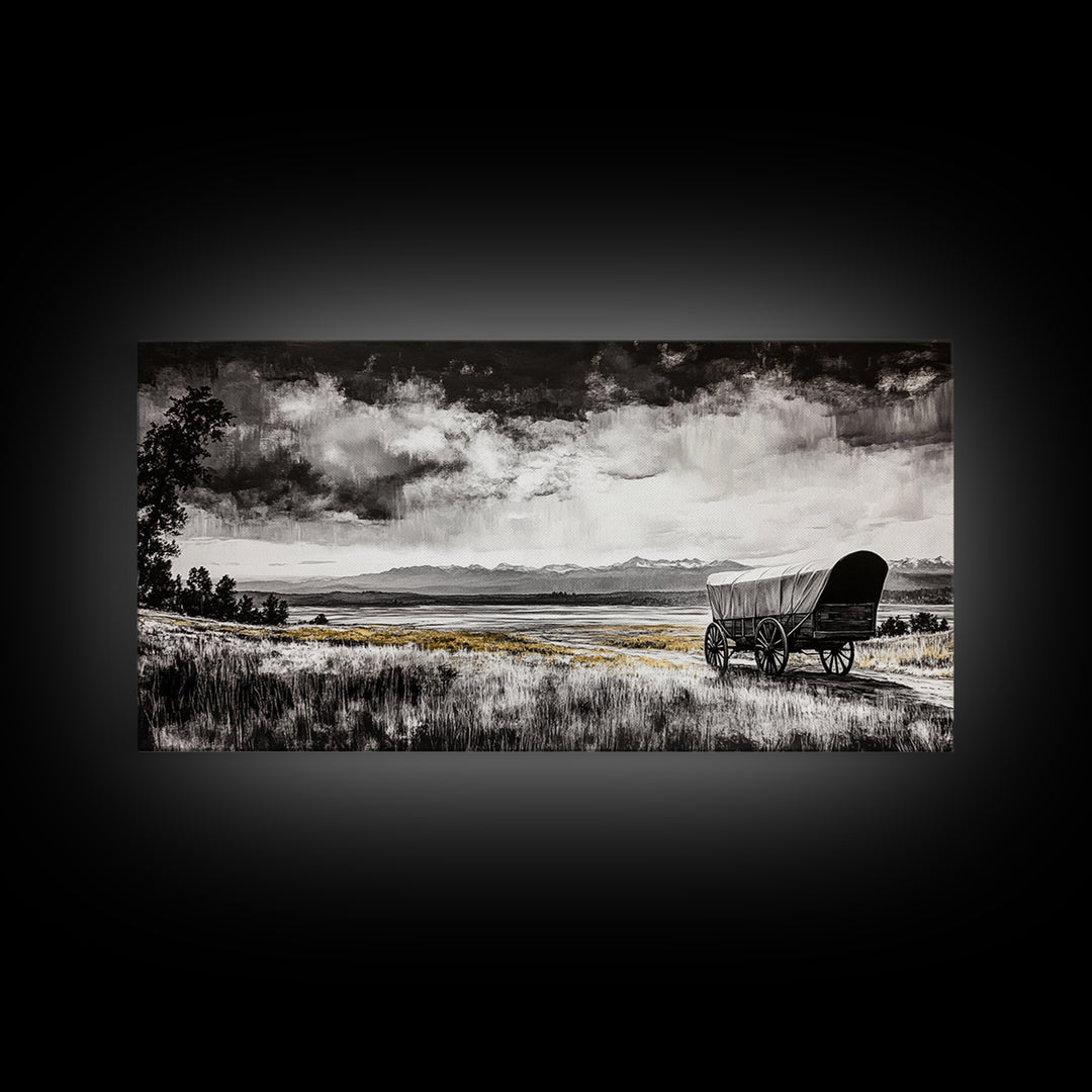 Covered Wagon, barn landscape oil painting, rustic wall art, farmhouse decor, panoramic art, smoky mountain art, Framed Canvas Print, landscape