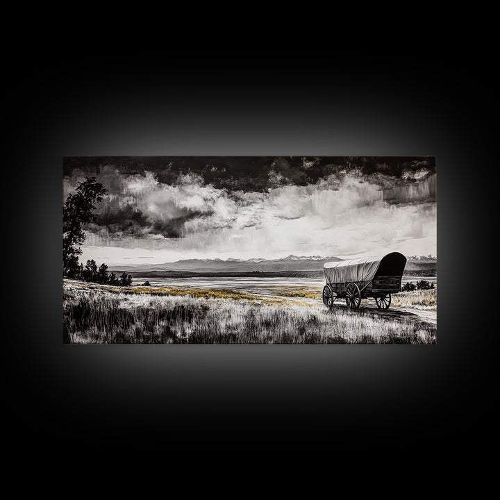 Covered Wagon, barn landscape oil painting, rustic wall art, farmhouse decor, panoramic art, smoky mountain art, Framed Canvas Print, landscape