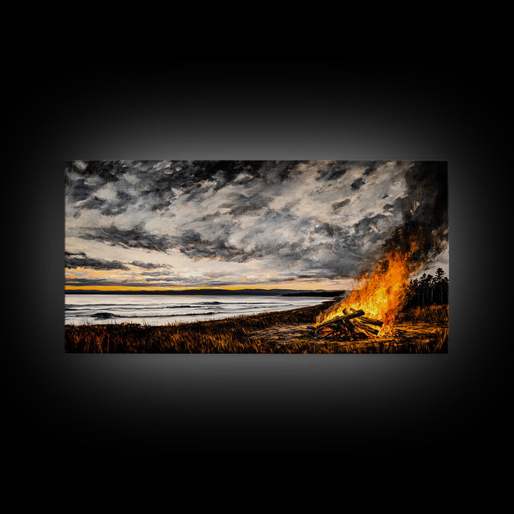 Campfire, forest at dusk painting, smoky mountain art, extra wide art, autumn decor, wabi sabi art, Framed Canvas Print, above couch art