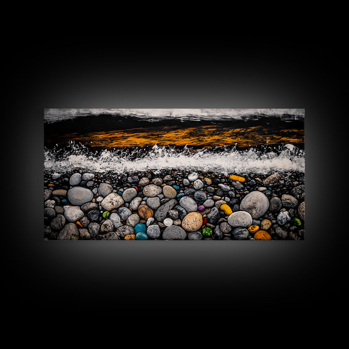 Pebble Beach, coastal landscape art, wabi sabi art, rustic decor, moody art, panoramic painting, seascape painting, Framed Canvas Print, zen art