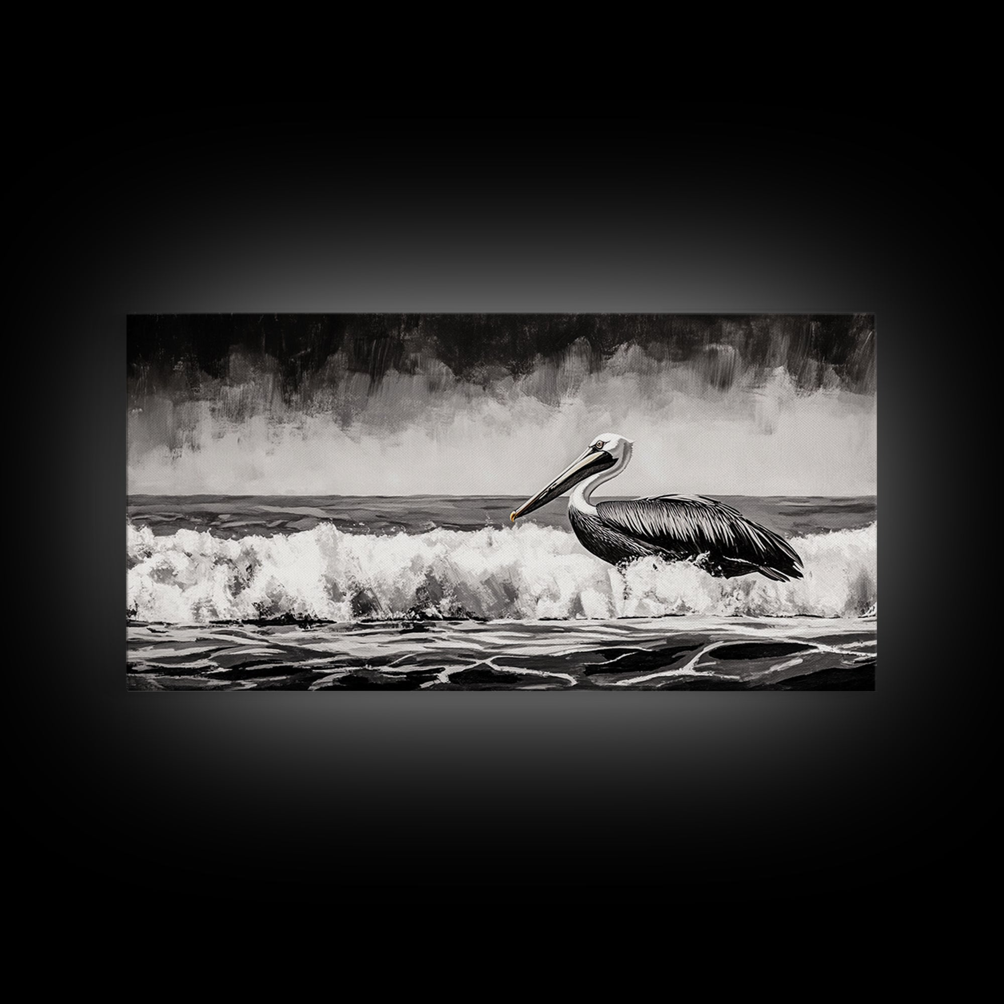 Pelican, coastal wall art, nautical painting, black and white art, seascape painting, ocean bird, Framed Canvas Print, beach decor