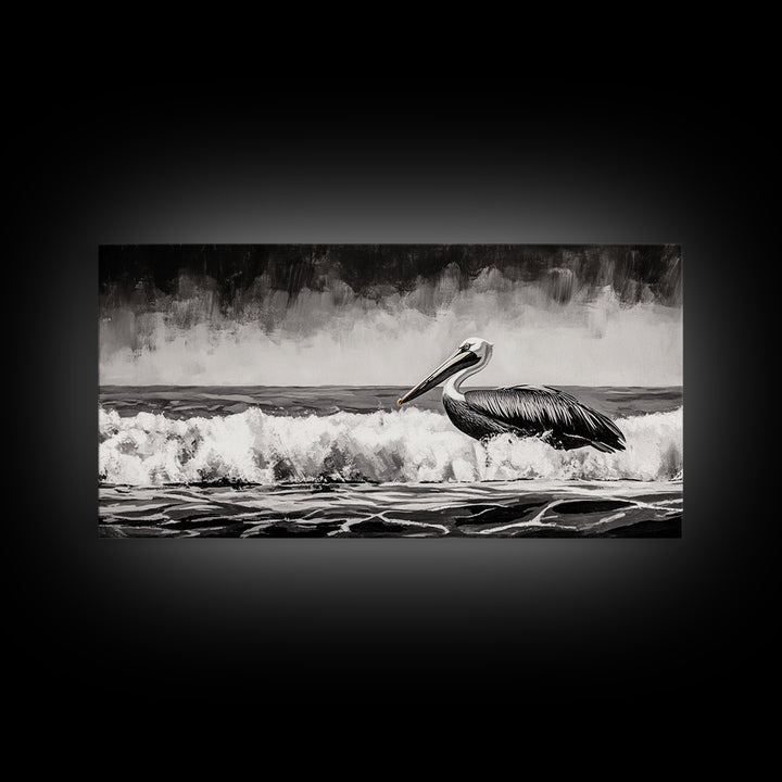 Pelican, coastal wall art, nautical painting, black and white art, seascape painting, ocean bird, Framed Canvas Print, beach decor