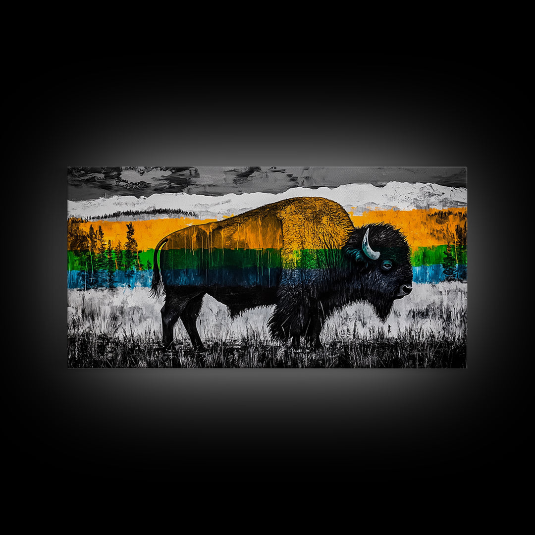 Bison, rustic wall art, mountain painting, western decor, wildlife art, Joshua tree art, extra wide art, Framed Canvas Print, moody art