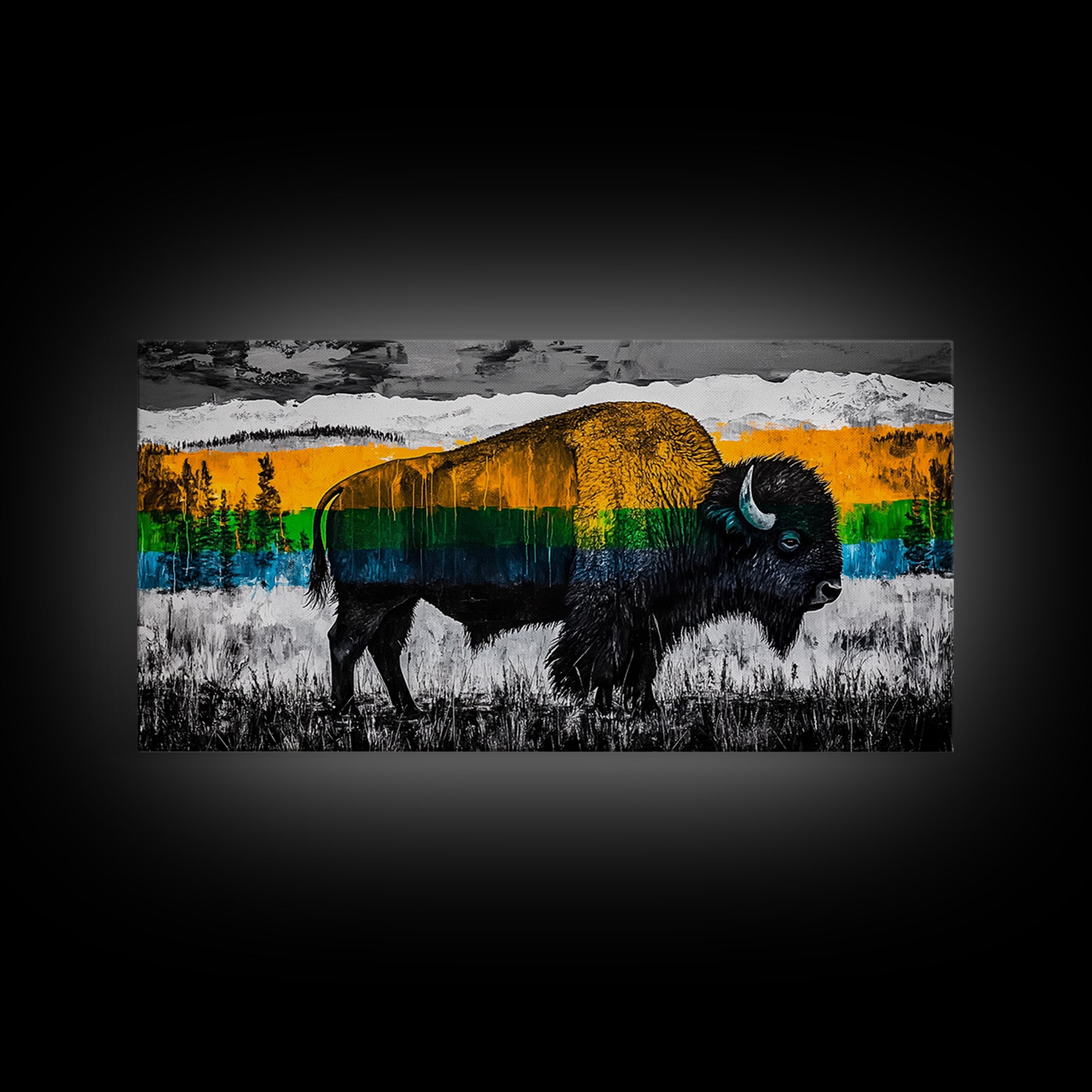 Bison, rustic wall art, mountain painting, western decor, wildlife art, Joshua tree art, extra wide art, Framed Canvas Print, moody art