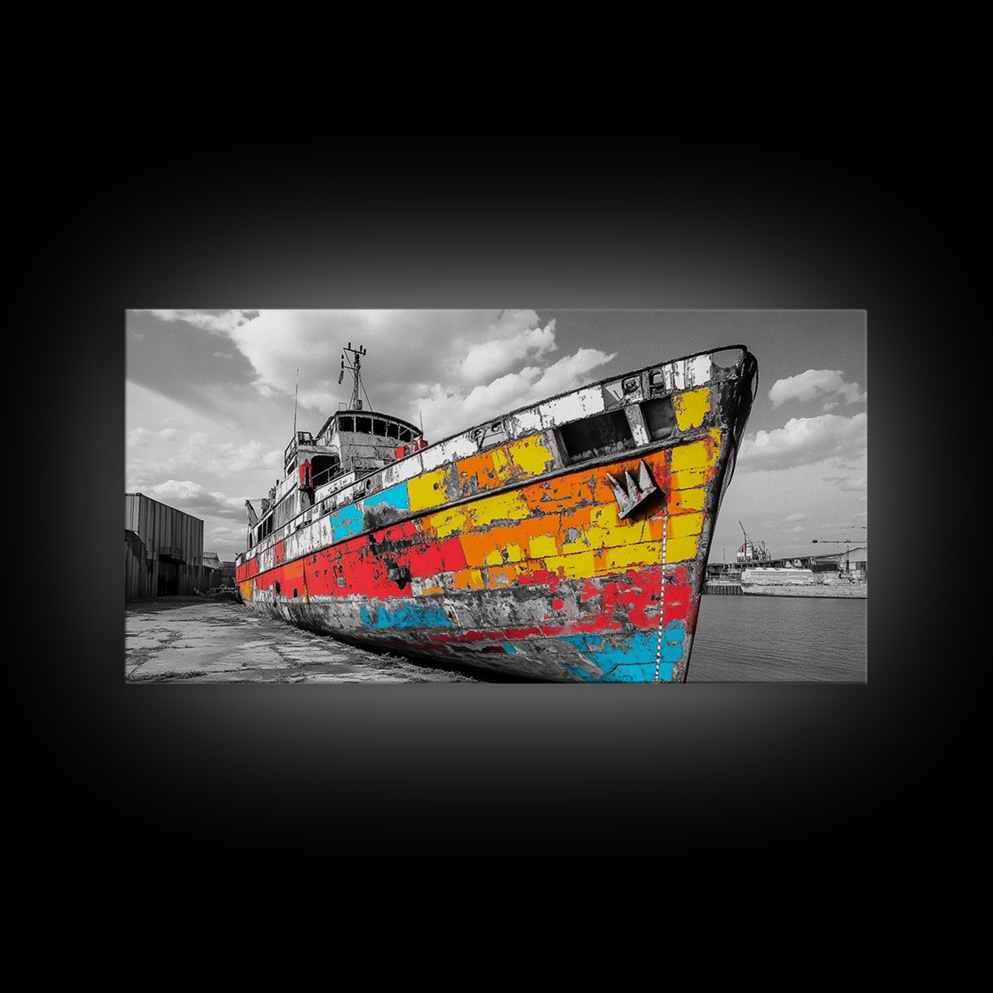 Colorful Rusted Ship Canvas Print | Nautical Wall Art | Coastal Painting | Moody Art | Extra Wide Art | Above Sofa Art | Wabi Sabi Art