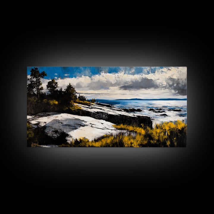 Coastal Landscape, Maine oil painting, seascape painting, landscape painting, nautical wall art, extra wide art, framed canvas print