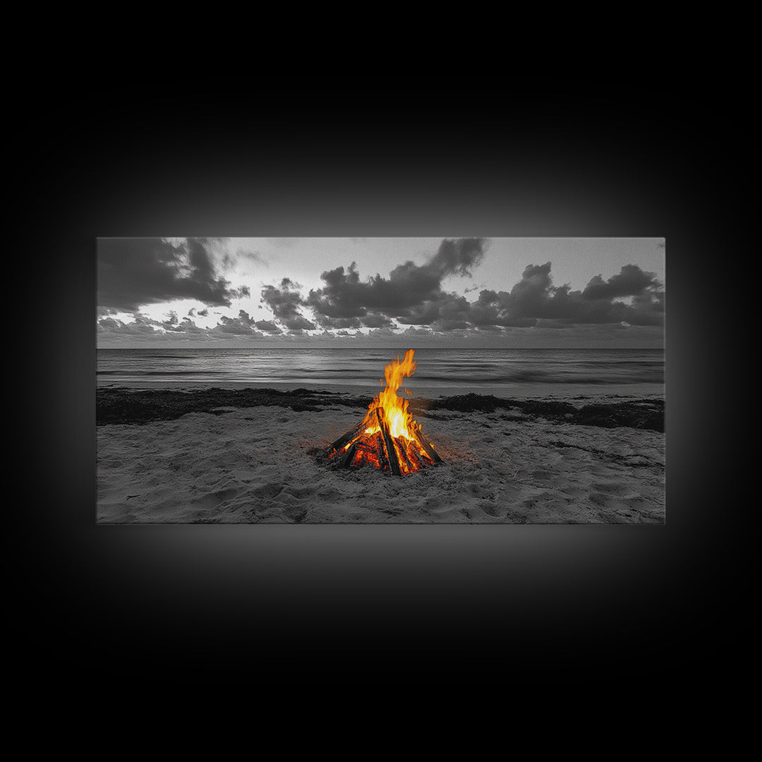 Campfire on Beach Framed Canvas Print | Seascape Painting | Coastal Wall Art | Moody Art | Rustic Decor | Extra Wide Art | Nautical Painting