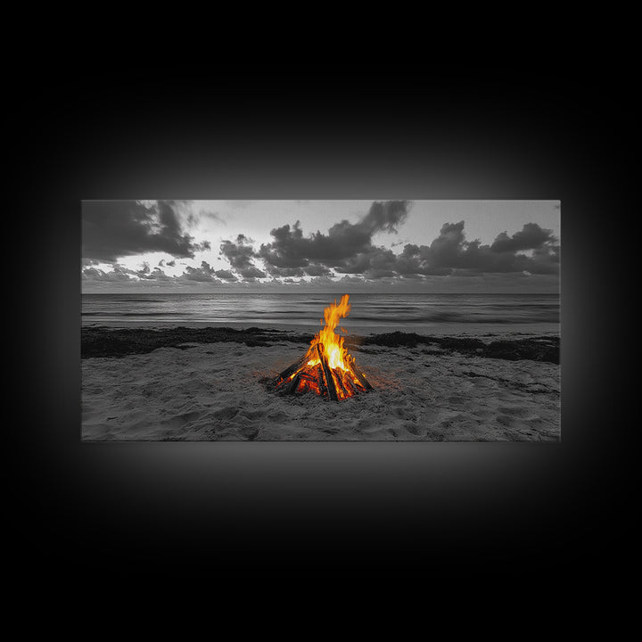 Campfire on Beach Framed Canvas Print | Seascape Painting | Coastal Wall Art | Moody Art | Rustic Decor | Extra Wide Art | Nautical Painting