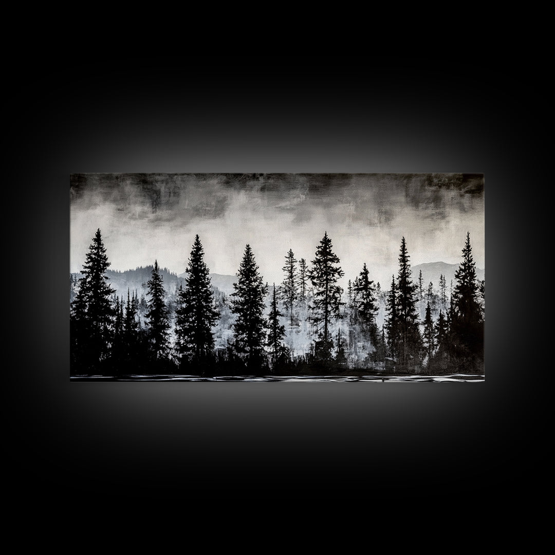 Pine Tree Forest, Moody Landscape Painting, Black and White Wall Art, Nature Wall Art, Extra Wide Art, Framed Canvas Print, Rustic Decor