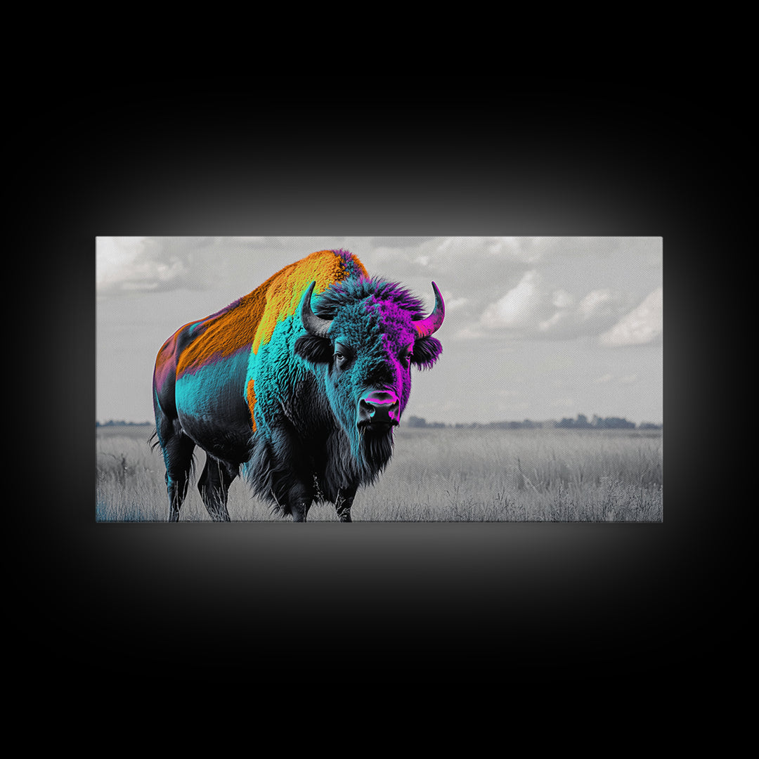 Neon Buffalo Portrait Canvas Print | Western Wall Art | Afrocentric Art | Moody Art | Rustic Decor | Southwest Art | Extra Wide Art.