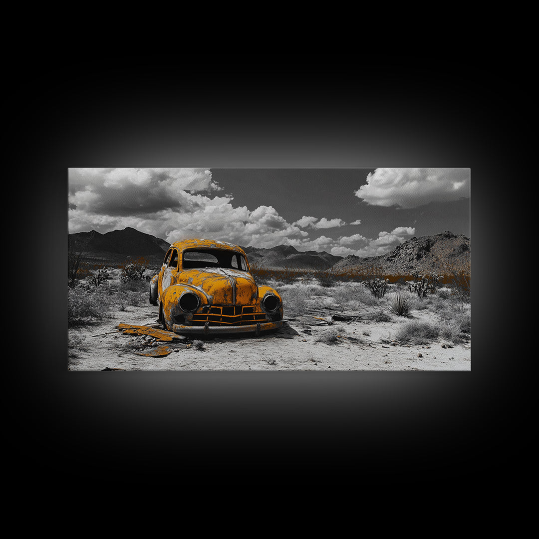 Abandoned Car in Desert Framed Canvas Print | Custom Car Painting | Moody Art | Southwest Wall Art | Wabi Sabi Art | Extra Wide Art
