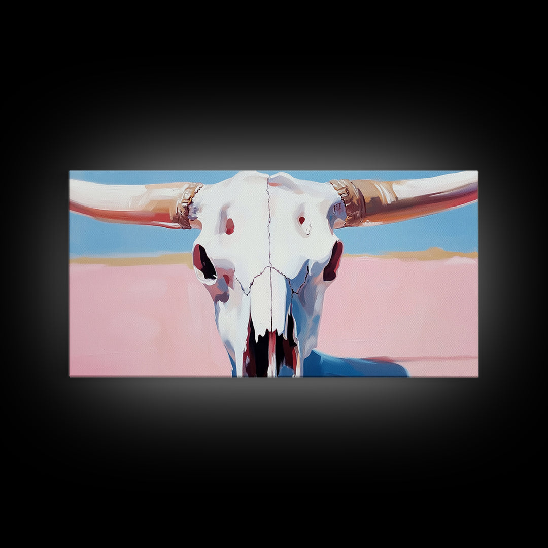 Bull Skull Painting, Southwest Wall Art, Pink and Blue Art, Rustic Western Decor, Framed Canvas Print, Extra Wide Art, Boho Art